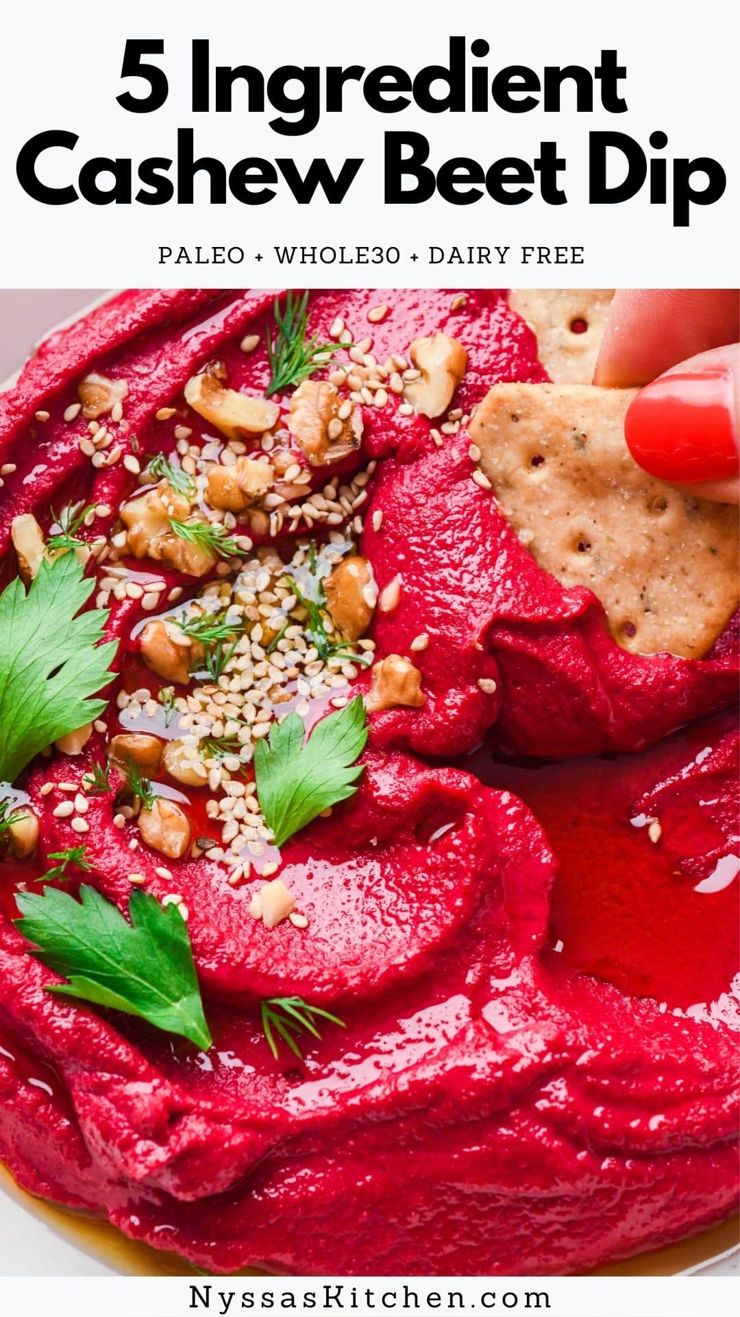 This 5 ingredient cashew beet dip is here to rock your snack loving world in the most delicious way. Besides being such a pretty shade of pink it's also full of good for you ingredients like beets, cashews, garlic, red wine vinegar and salt. THAT'S IT! Super easy and very tasty. Paleo, vegan, whole30, dairy free, and gluten free.