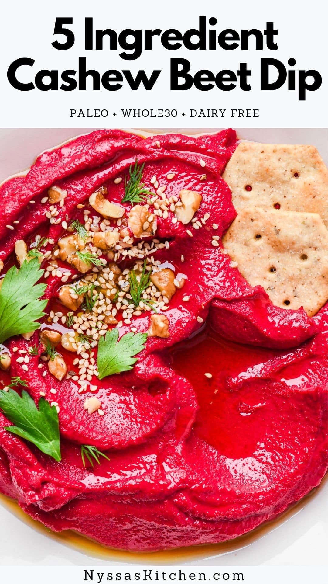 This 5 ingredient cashew beet dip is here to rock your snack loving world in the most delicious way. Besides being such a pretty shade of pink it's also full of good for you ingredients like beets, cashews, garlic, red wine vinegar and salt. THAT'S IT! Super easy and very tasty. Paleo, vegan, whole30, dairy free, and gluten free.