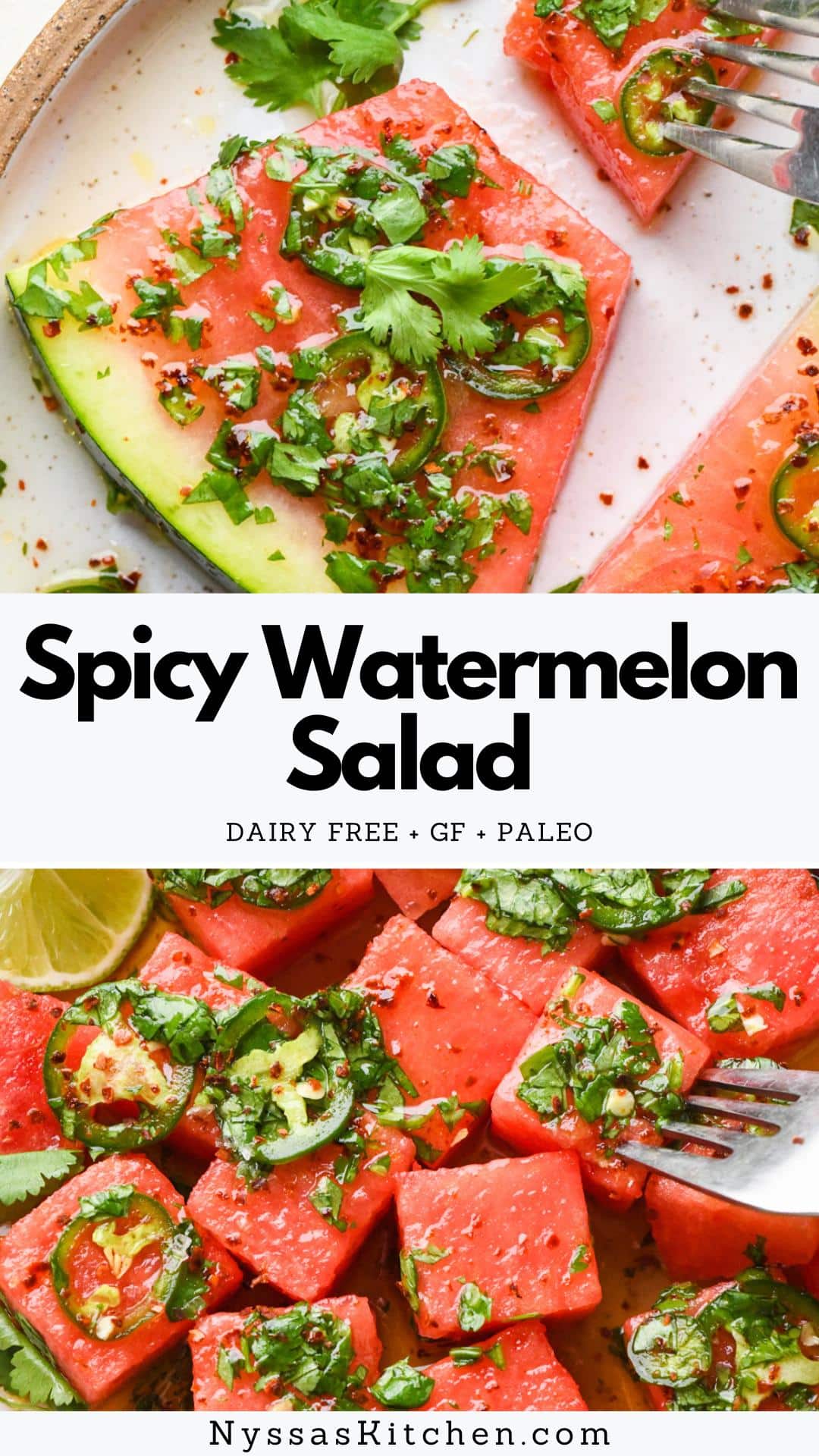 This spicy watermelon salad with cilantro and lime is a real crowd-pleasing delight during the warm summer months! It's spicy, sweet, and draped in a bright and citrusy dressing for the ultimate watermelon salad experience. Refreshing and FULL of summer flavor! GF, dairy free, vegetarian, paleo, vegan option, Whole30 option.