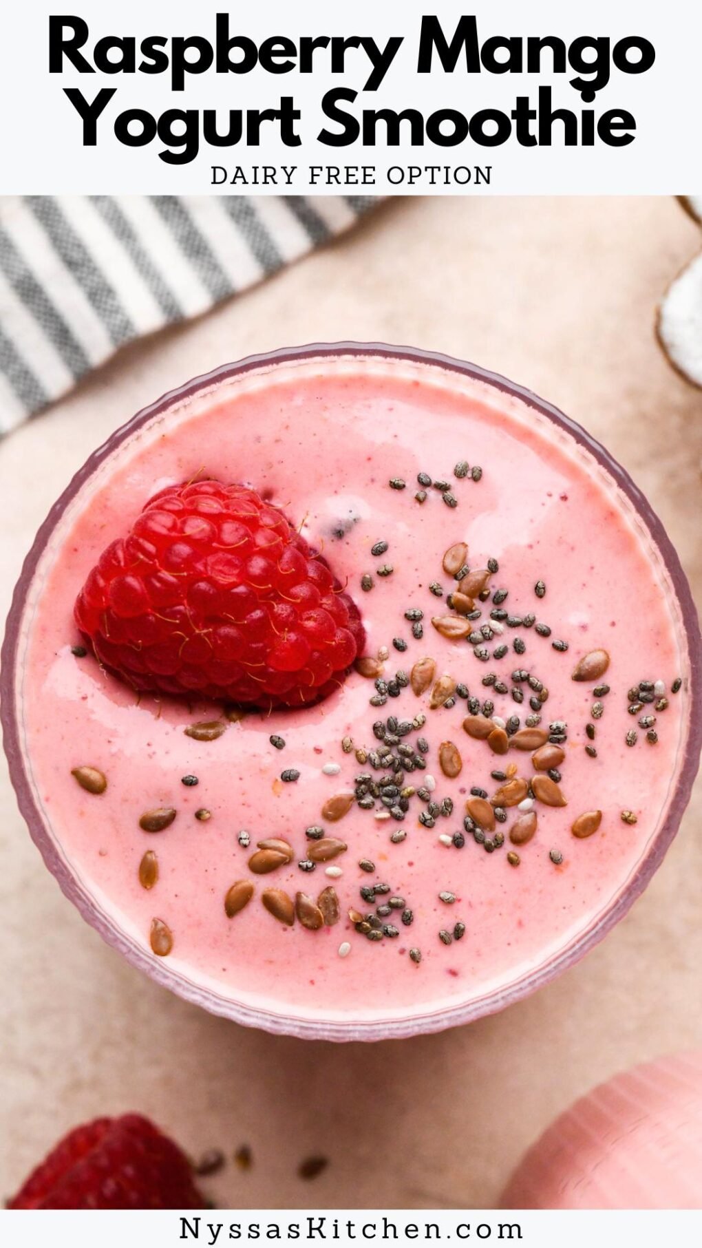 Pinterest pin for Raspberry Mango Yogurt Smoothie