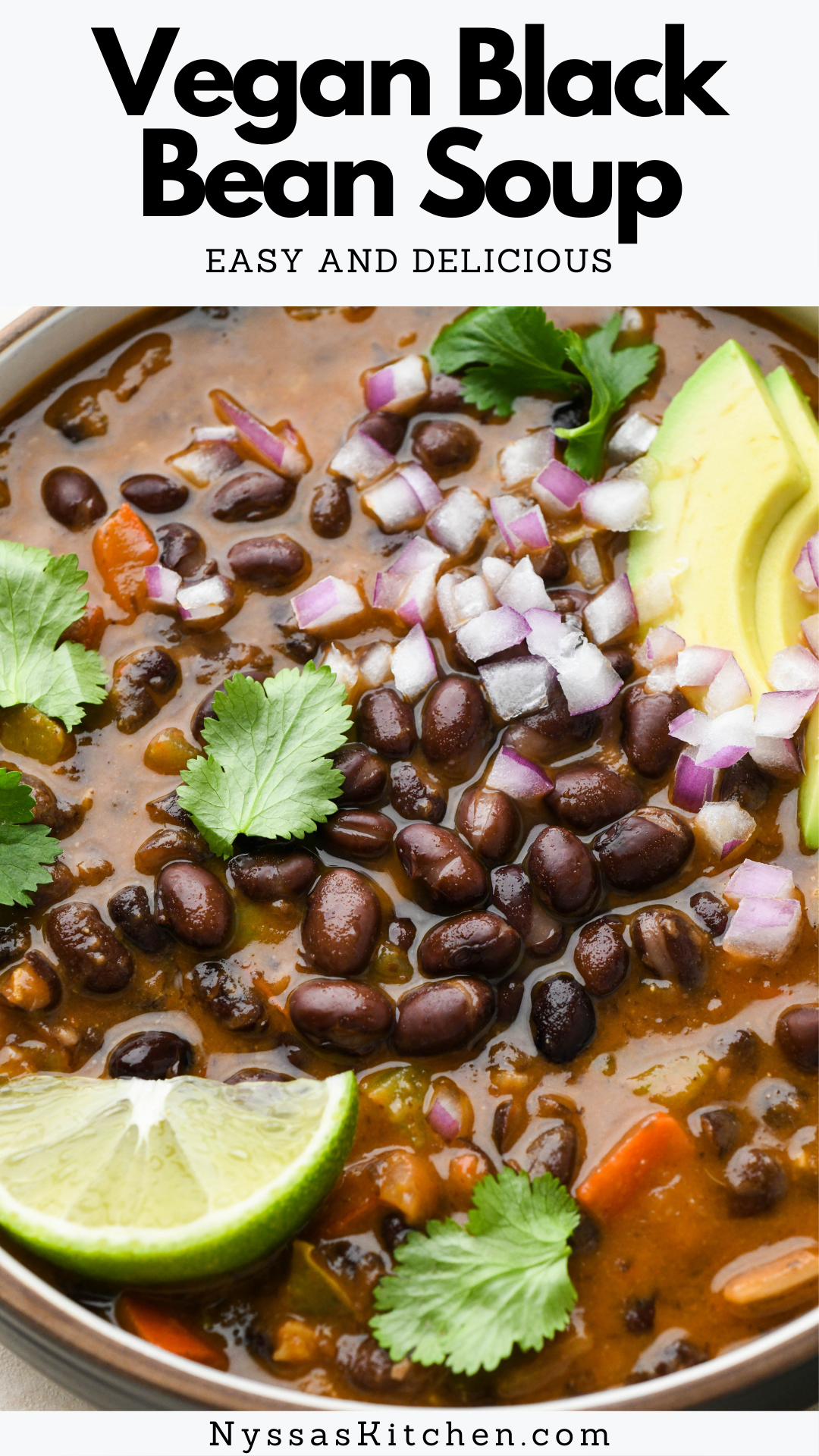 This vegan black bean soup is made with healthy, simple ingredients like canned black beans, veggies, and flavorful spices. Hearty and full of flavor! Top it with your favorite garnishes for a quick and easy dinner that the whole family will love. A Mexican inspired soup that freezes well and is great for weekend meal prep. Vegan, vegetarian, gluten free, and dairy free.