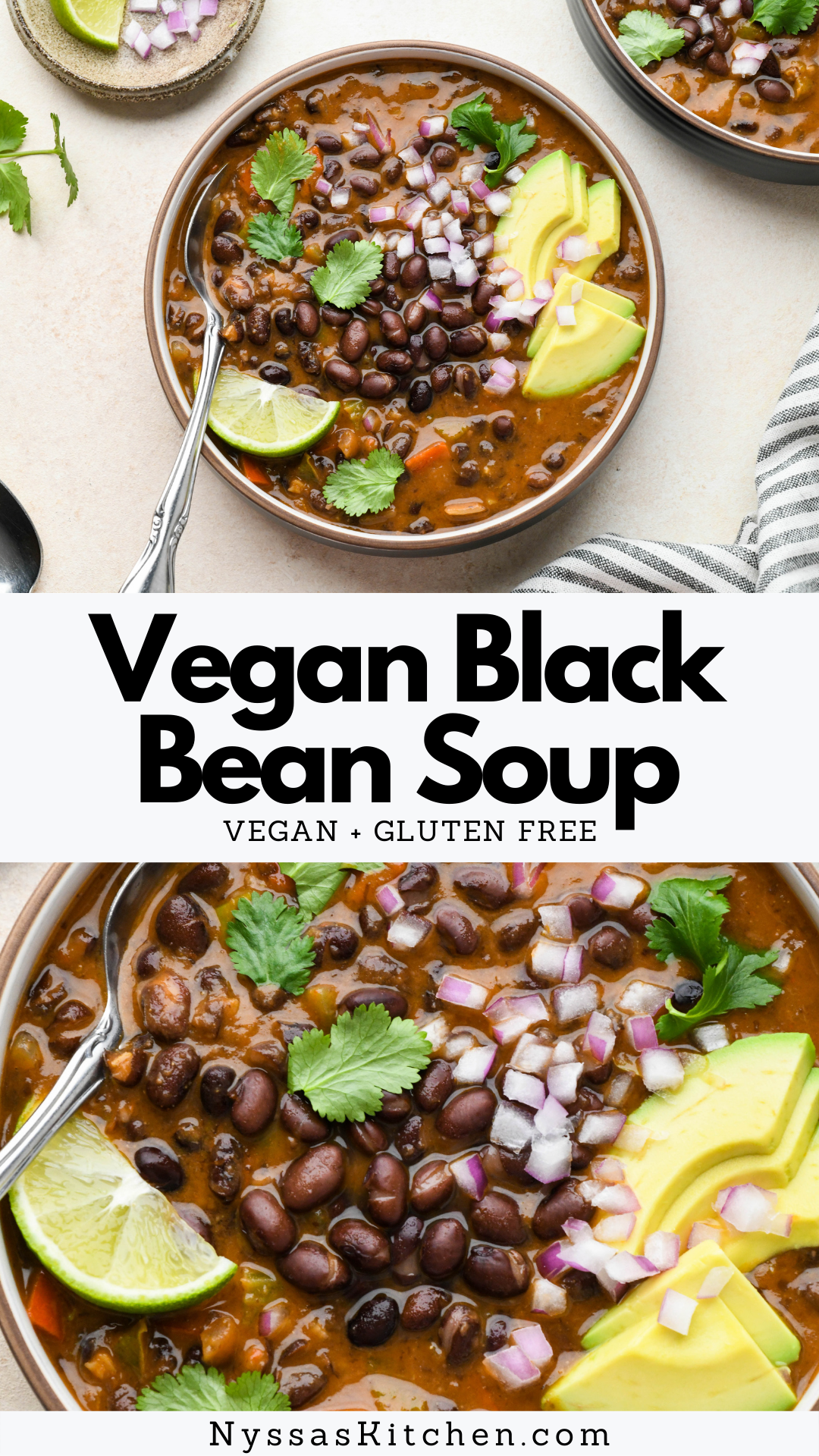 This vegan black bean soup is made with healthy, simple ingredients like canned black beans, veggies, and flavorful spices. Hearty and full of flavor! Top it with your favorite garnishes for a quick and easy dinner that the whole family will love. A Mexican inspired soup that freezes well and is great for weekend meal prep. Vegan, vegetarian, gluten free, and dairy free.