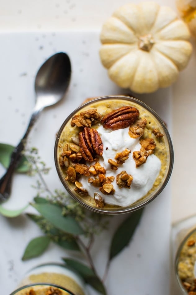 This easy pumpkin pie chia pudding is paleo, vegan, and keto/low carb friendly! Made with creamy coconut milk, real pumpkin, and just the right amount of pumpkin pie spice for a healthy and easy pumpkin inspired autumn breakfast! 