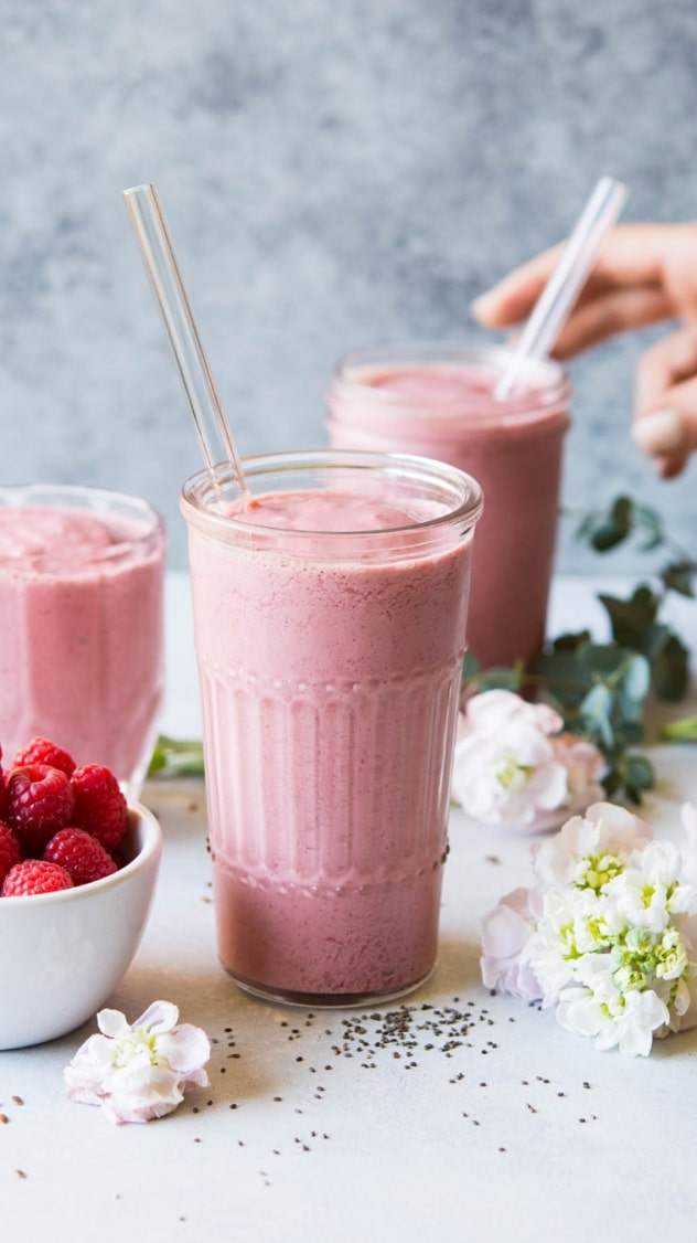 This raspberry mango healthy gut smoothie is the perfect snack or breakfast for whenever your body needs a little extra love! Made with raspberries, mango, probiotic rich coconut yogurt, almond milk, and chia and flax seeds for extra fiber and omega 3 fatty acids 