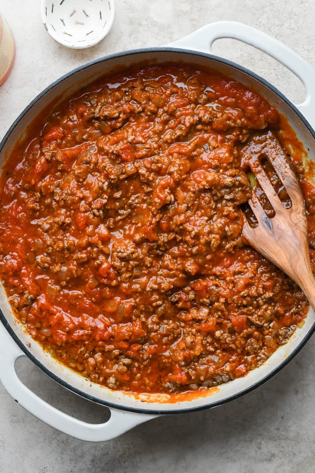 How to make Easy Marinara Sauce with Ground Beef: Sauce stirred into browned meat.