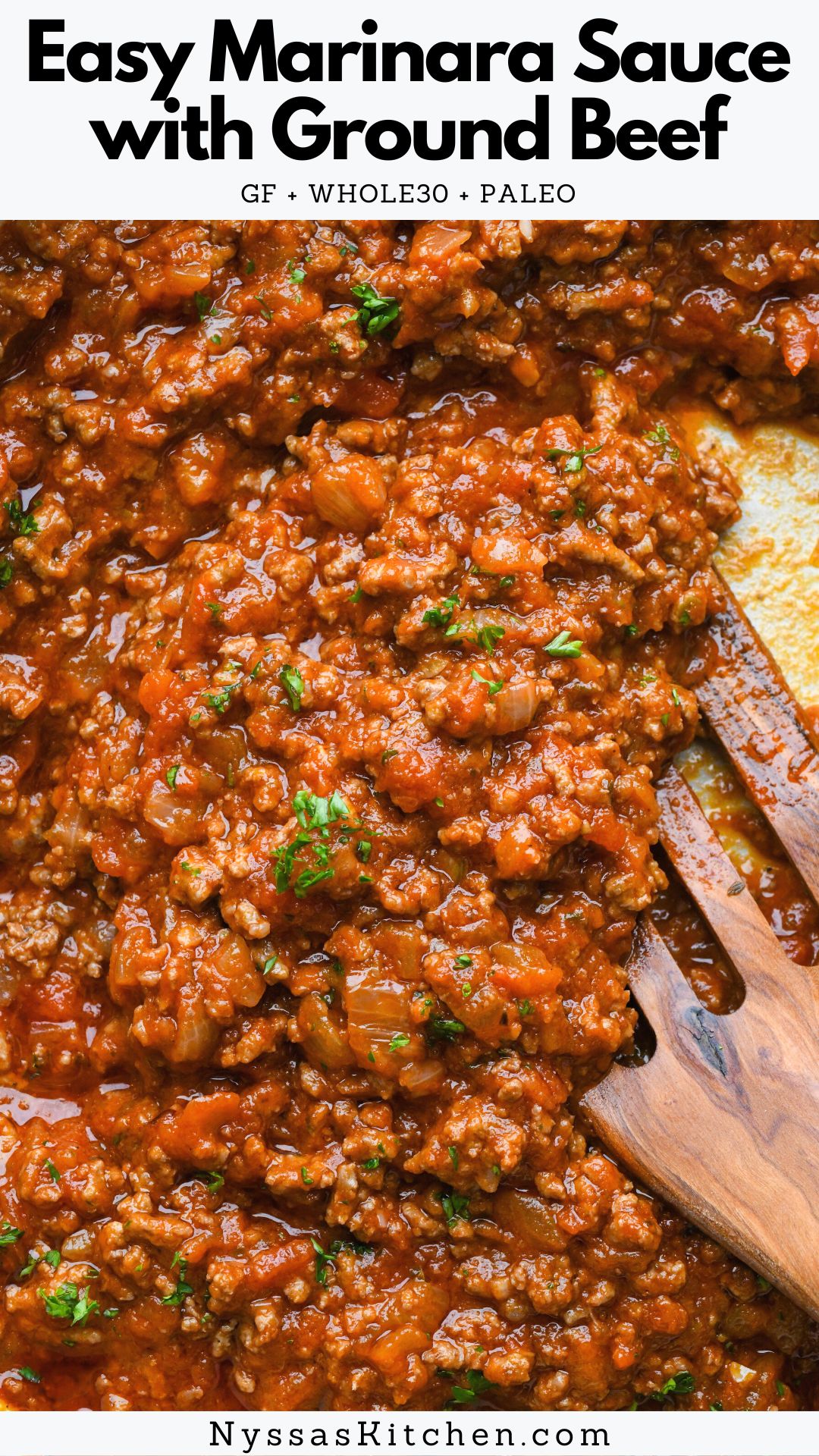 This easy marinara sauce with ground beef is a healthy, short cut version of a classic full flavored Italian meat sauce that is ready in 30 minutes flat! All the flavor with minimal effort for an easy protein rich addition to any meal. Makes enough sauce for approximately one pound of pasta. Gluten free, paleo, and whole30 compatible.