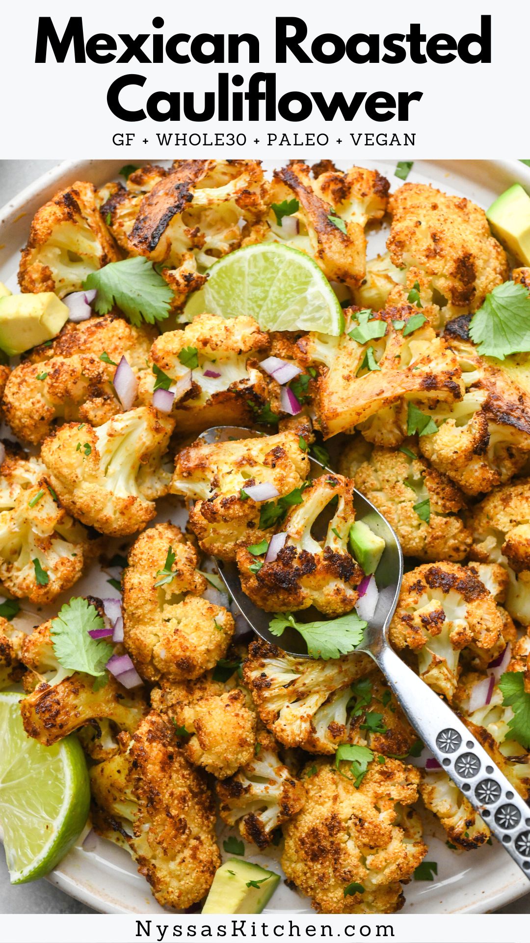 Mexican inspired roasted cauliflower is so flavorful and easy it might just become your new favorite veggie side dish! Cauliflower florets are tossed with flavorful spices and roasted until crispy and caramelized, served with a healthy squeeze of lime juice, cilantro, red onion, and maybe even some avocado for good measure. Gluten free, paleo, vegan, AND whole30 friendly!