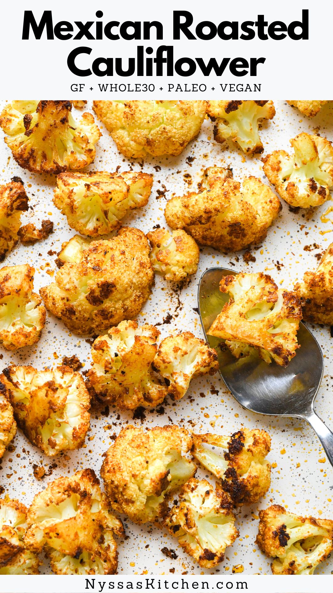 Mexican inspired roasted cauliflower is so flavorful and easy it might just become your new favorite veggie side dish! Cauliflower florets are tossed with flavorful spices and roasted until crispy and caramelized, served with a healthy squeeze of lime juice, cilantro, red onion, and maybe even some avocado for good measure. Gluten free, paleo, vegan, AND whole30 friendly!