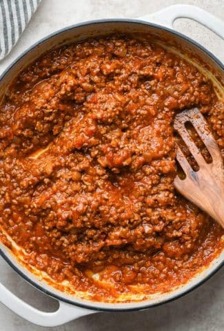 How to make Easy Marinara Sauce with Ground Beef: Meat sauce slightly reduced in large skillet, after simmering for a while.