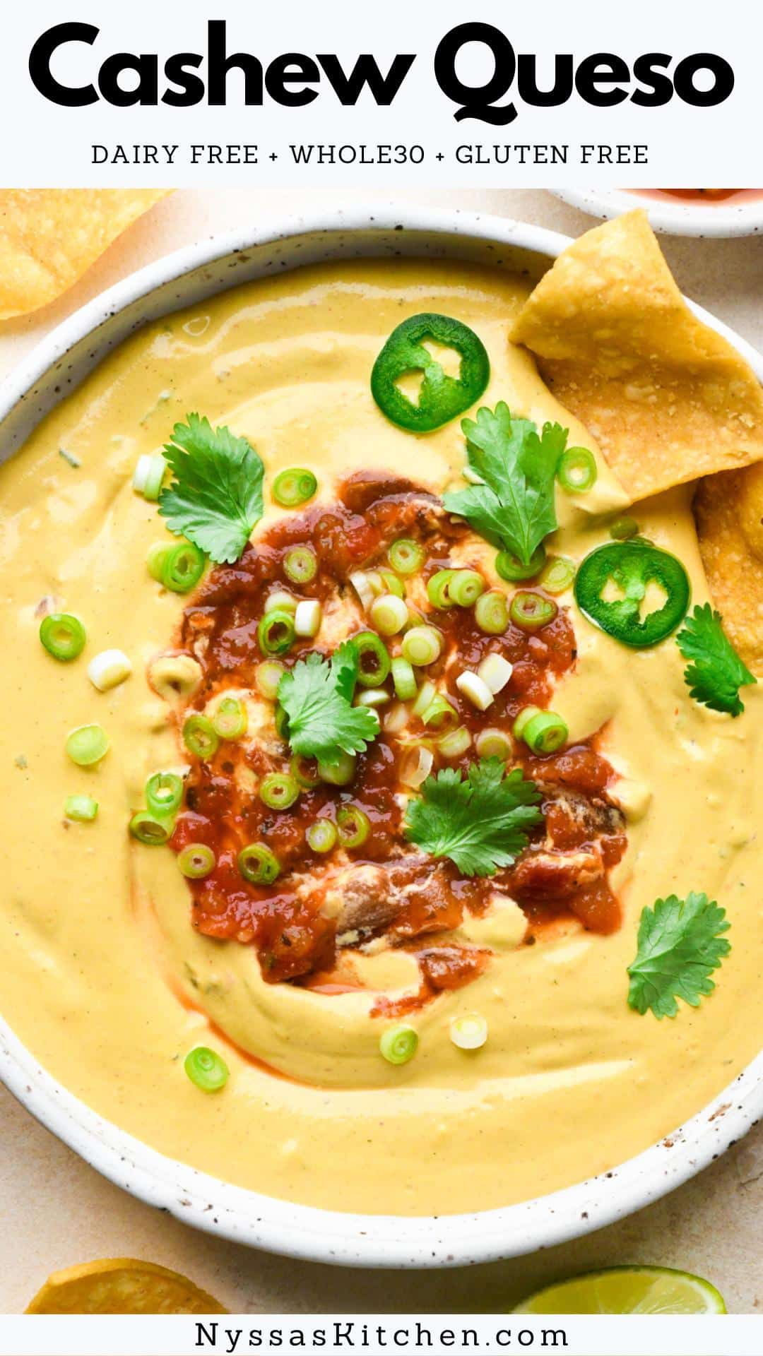 This creamy cashew queso is a delightful plant based recipe that tastes just as good as the real thing! Made with raw cashews, nutritional yeast, lime juice, and your favorite salsa. After soaking the cashews, it comes together in just 5 minutes and is delicious served warm with tortilla chips or as an addition to taco night. It is vegan, gluten free, Whole30 compatible, and paleo friendly, too!