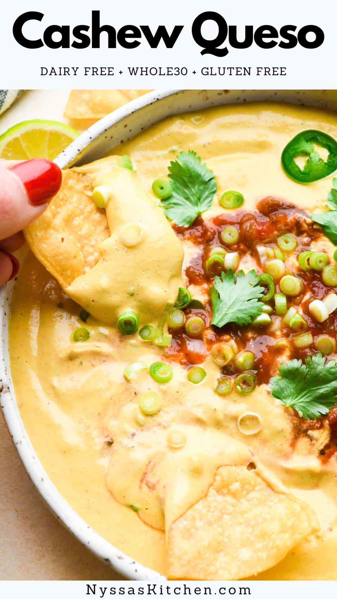 This creamy cashew queso is a delightful plant based recipe that tastes just as good as the real thing! Made with raw cashews, nutritional yeast, lime juice, and your favorite salsa. After soaking the cashews, it comes together in just 5 minutes and is delicious served warm with tortilla chips or as an addition to taco night. It is vegan, gluten free, Whole30 compatible, and paleo friendly, too!
