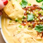 A hand dipping a tortilla chip into a bowl of creamy cashew queso to show the smooth texture.