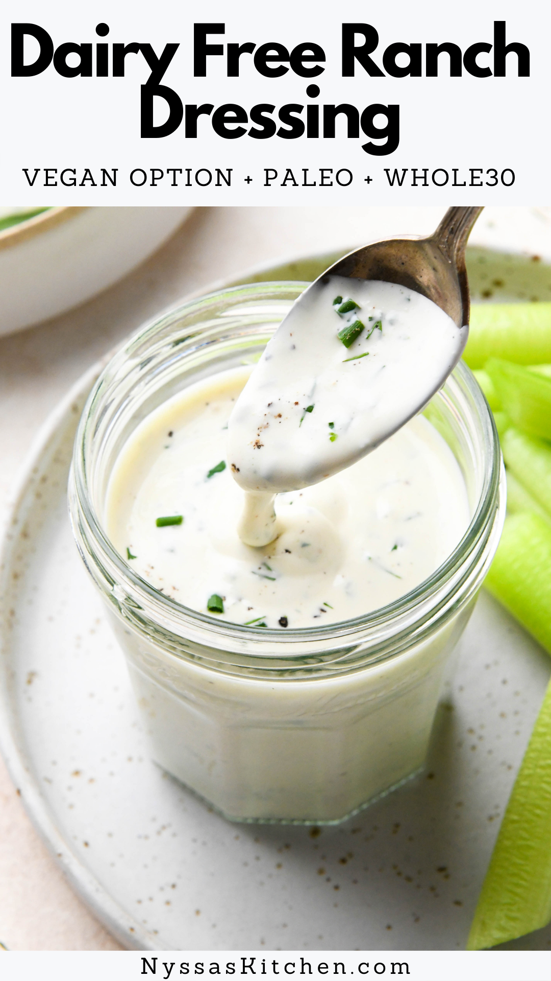 This dairy free ranch dressing is made with a few simple ingredients that you likely already have on hand. Made without milk or dairy and it's ready in less than 5 MINUTES! So delicious as a dip or a salad dressing. A healthy and tasty alternative to everyone's favorite sauce. Whole30, paleo, gluten free, dairy free, vegan option, keto, low carb.