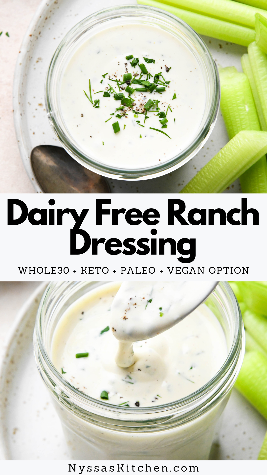 This dairy free ranch dressing is made with a few simple ingredients that you likely already have on hand. Made without milk or dairy and it's ready in less than 5 MINUTES! So delicious as a dip or a salad dressing. A healthy and tasty alternative to everyone's favorite sauce. Whole30, paleo, gluten free, dairy free, vegan option, keto, low carb.