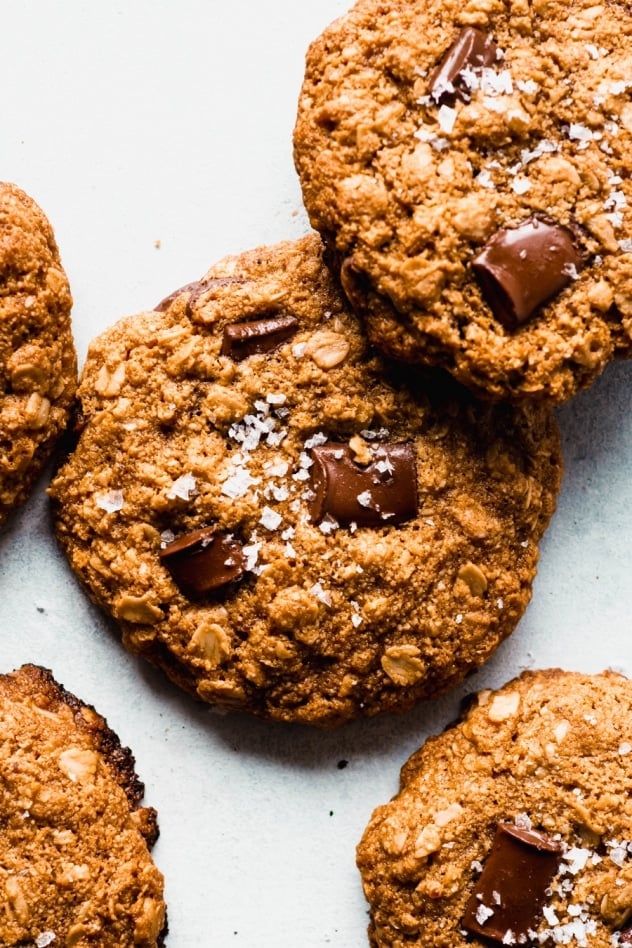 These salted gluten free oatmeal chocolate chunk cookies are SO crazy delicious that I'm betting they will become your new favorite cookie! Chewy and tender on the inside with just barely crisp edges, and the perfect amount of chocolate for a healthy treat you are going to FALL IN LOVE WITH!