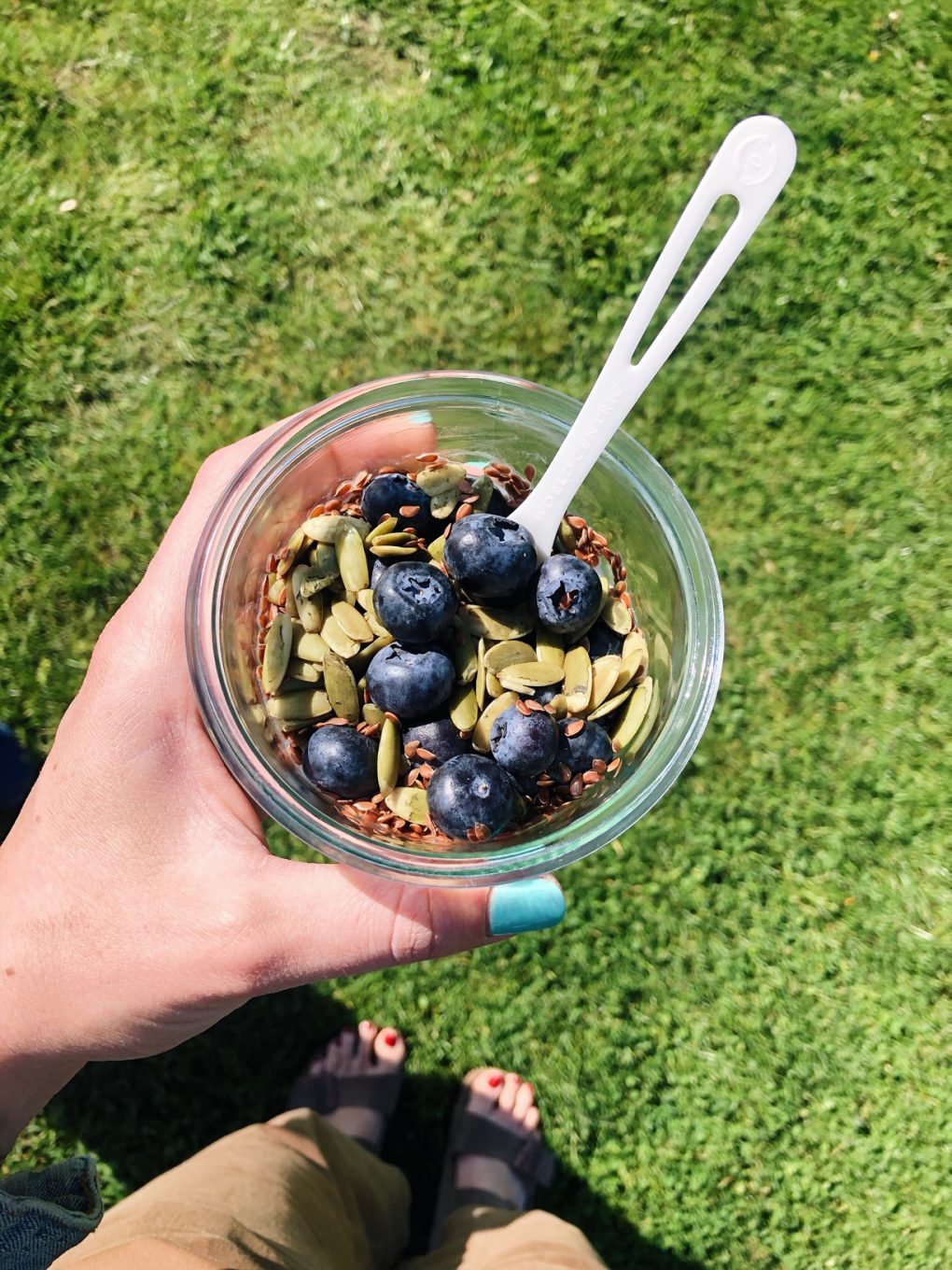 Holding a glass jar with coconut yogurt over green grass. Topped with fresh blueberries, pumpkin seeds, and flax seeds.