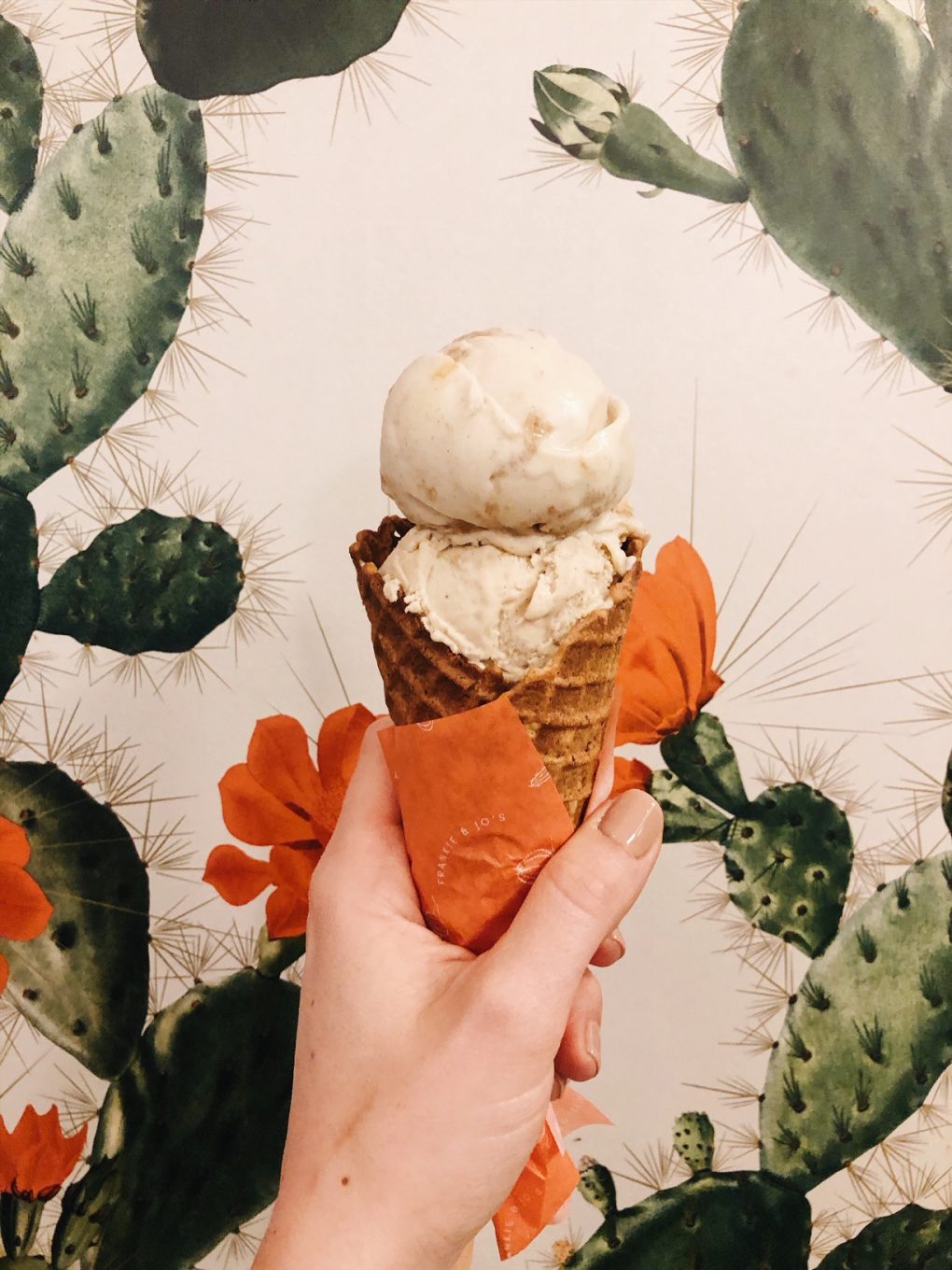Two scoops of Frankie and Joe's dairy free ice cream in an oat flour waffle cone in front of their cactus wallpaper