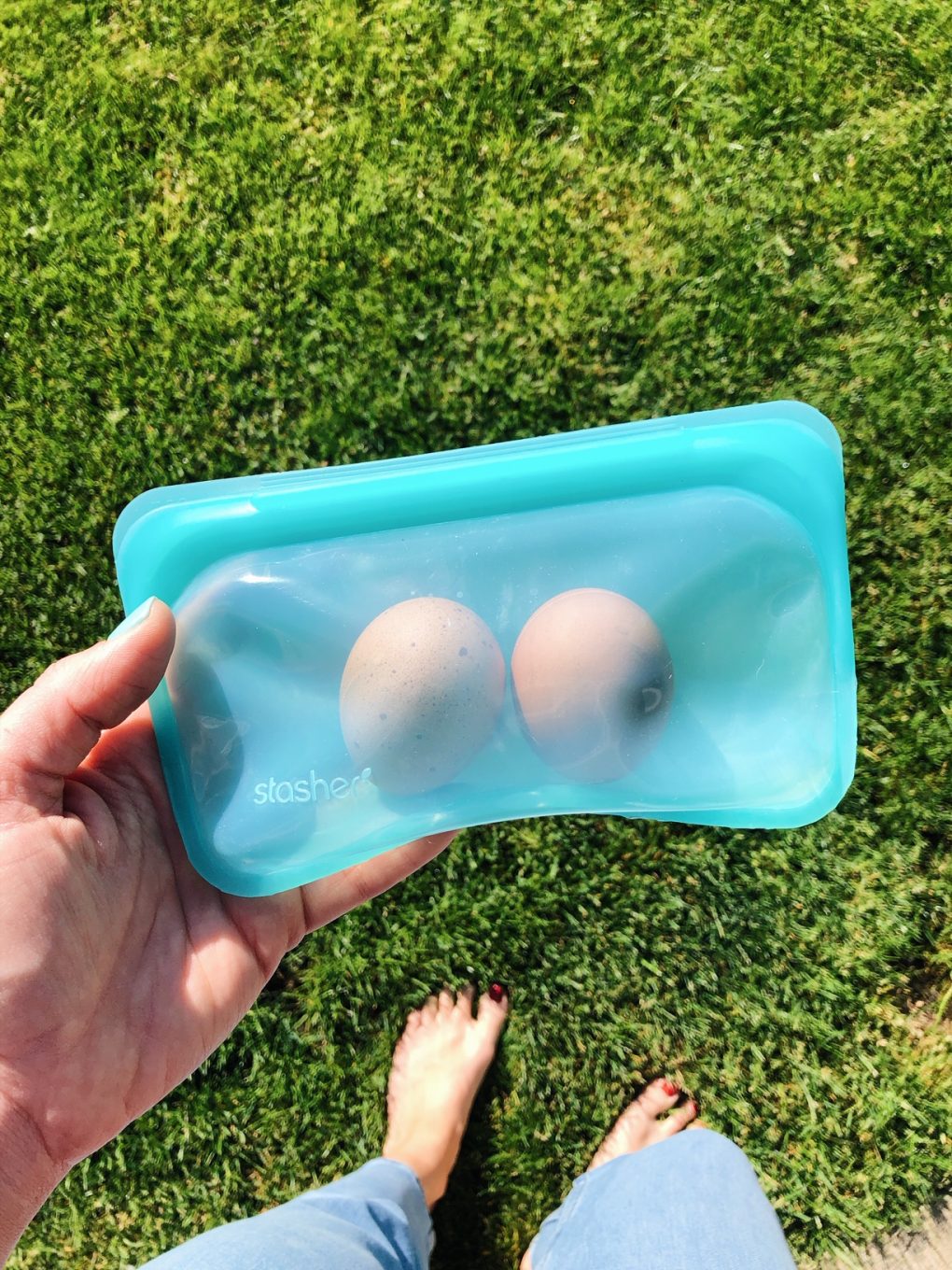 2 hardboiled eggs in a teal stasher bag outside over green grass