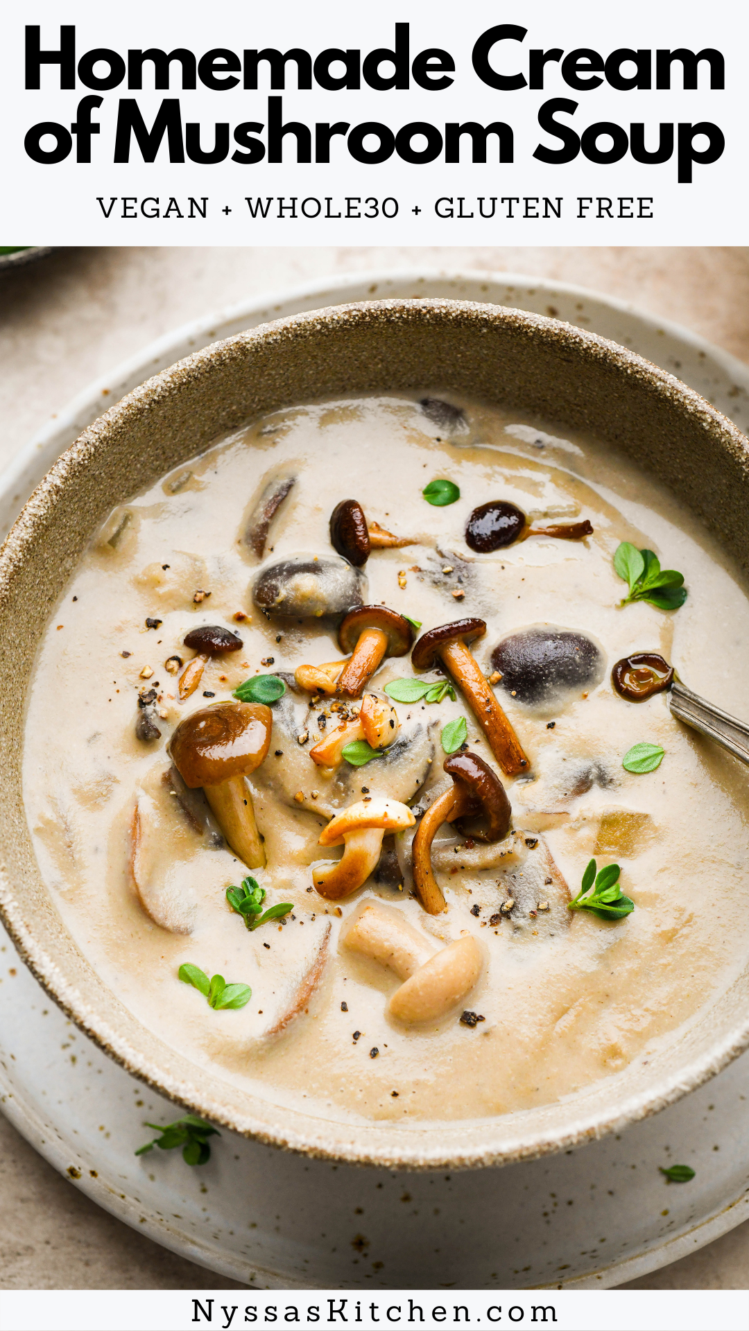 This simple and dairy free cream of mushroom soup an elevated alternative to store bought options. Made with lots of mushrooms, cashews instead of heavy cream, aromatics, and a few "secret" umami boosting ingredients for tons of savory flavor. Perfect on it's own or as a base for your favorite comfort food recipes. Gluten free, dairy free, vegan, and Whole30 compatible.