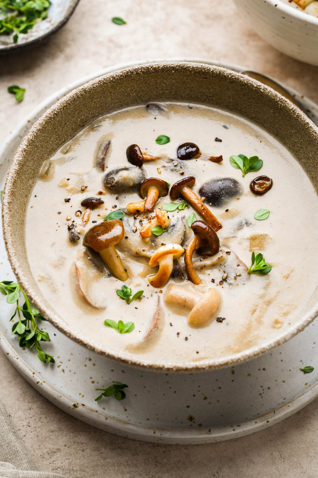 Super creamy homemade cream of mushroom soup in a rustic brown ceramic bowl. Topped with sautéed mushrooms and fresh herbs. 