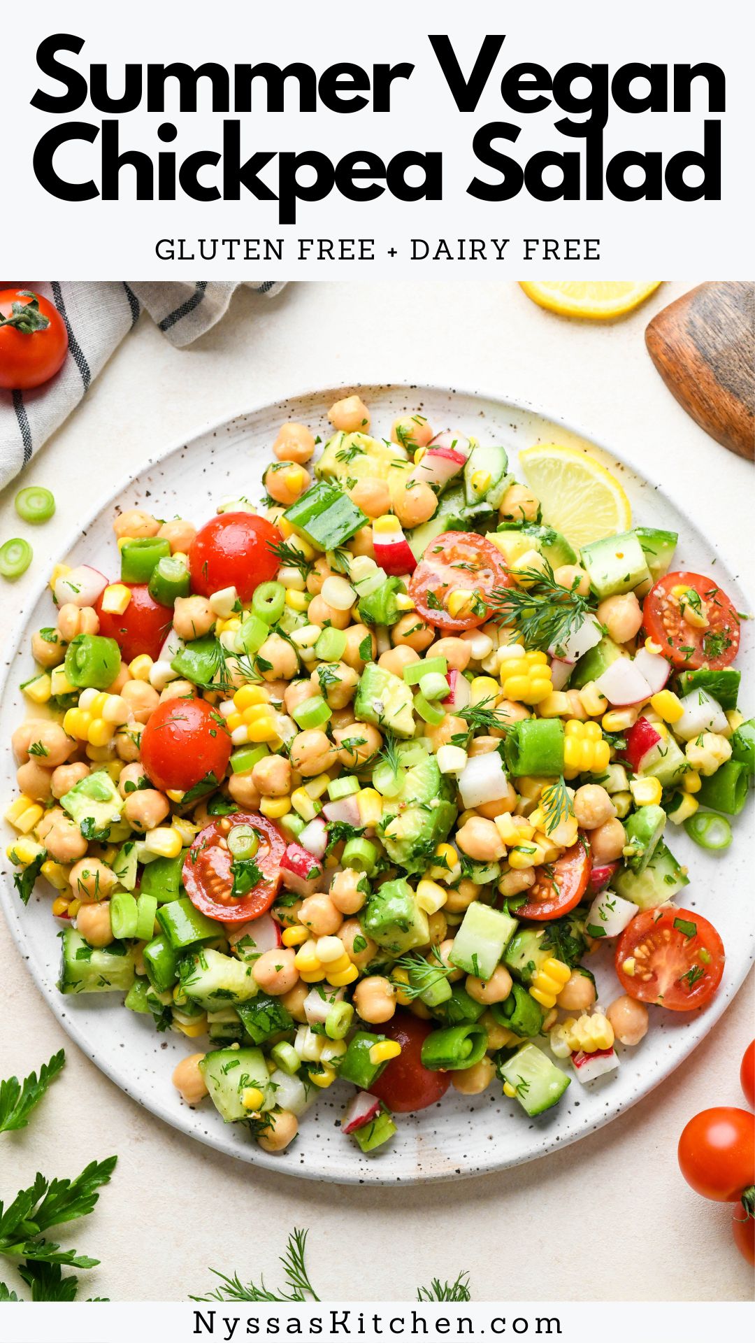 This easy chopped vegan chickpea salad is made with a rainbow of fresh veggies, creamy avocado, dill, parsley, green onions, and a simple lemony dressing. A healthy and unique recipe that's perfect for a quick lunch, summer BBQ, or potluck! Vegan, vegetarian, dairy free, gluten free!