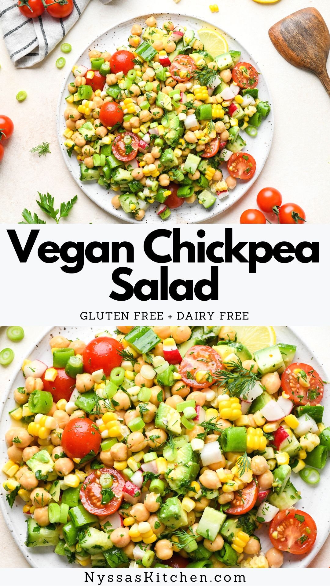 This easy chopped vegan chickpea salad is made with a rainbow of fresh veggies, creamy avocado, dill, parsley, green onions, and a simple lemony dressing. A healthy and unique recipe that's perfect for a quick lunch, summer BBQ, or potluck! Vegan, vegetarian, dairy free, gluten free!