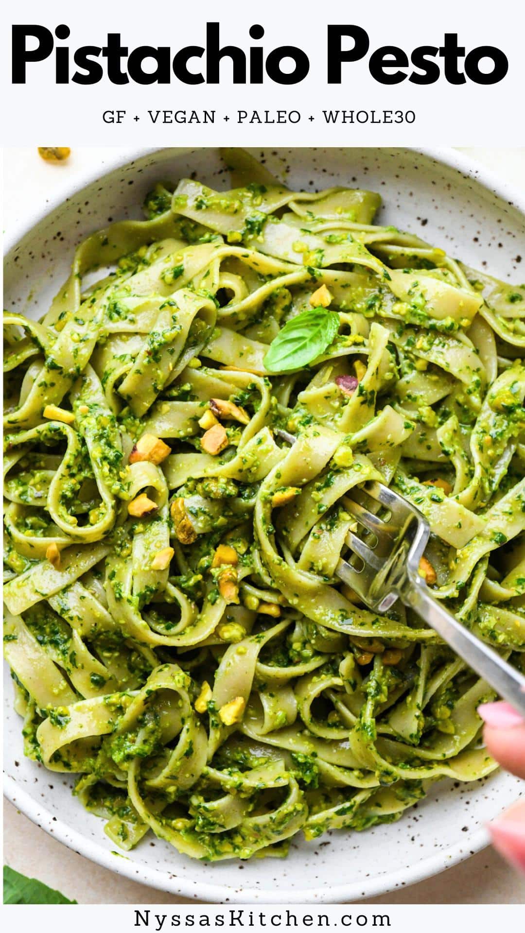 This 5-minute pistachio pesto is a fresh and herbaceous twist on a classic pesto recipe. Made in a food processor or blender with fresh basil, sweet pistachios, zippy garlic, and olive oil. It's the perfect versatile sauce to have on hand for a quick dinner, lunch, or appetizer! Gluten free, vegan, low carb, keto friendly, paleo, and Whole30 compatible.