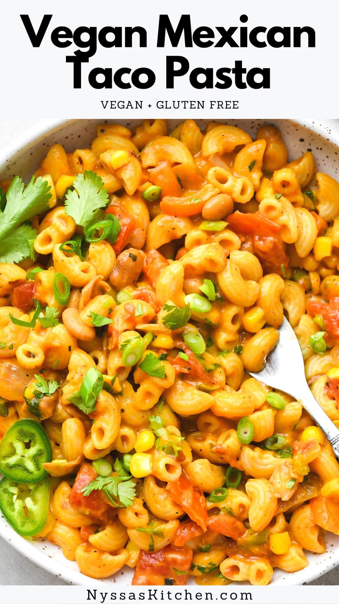 This vegan Mexican taco pasta is a delicious dairy free & gluten free comfort food meal with some serious southwest mac and cheese vibes. Made on the stove top with a nut free cheese sauce, sweet corn, pinto beans, bell pepper, tomatoes, and some sneaky veggies. A healthy meat free recipe that is FULL of flavor and good-for-you ingredients! Vegan, vegetarian, gluten free, nut free.