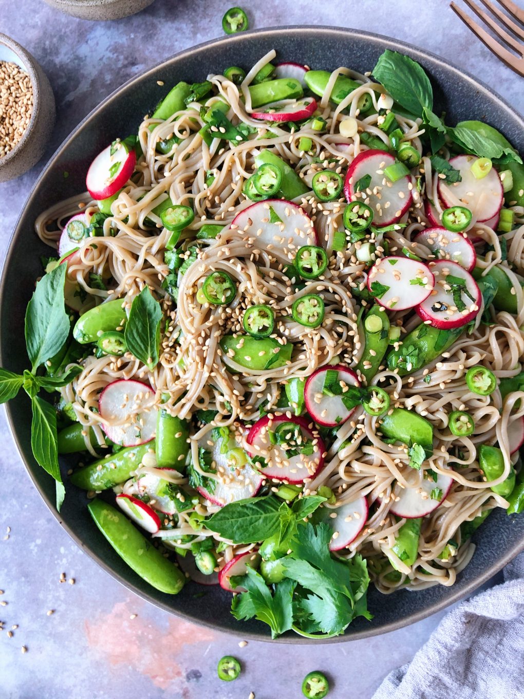 Close up shot of vegan soba noodle salad with vegetables and herbs - sugar snap peas, radishes, chilies, and sesame seeds on a moody grey background
