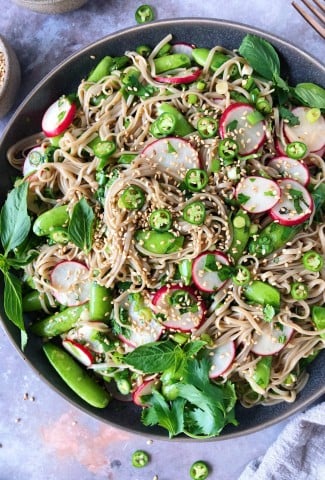 Close up shot of vegan soba noodle salad with vegetables and herbs - sugar snap peas, radishes, chilies, and sesame seeds on a moody grey background