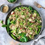 Vegan soba noodle salad with vegetables and herbs - sugar snap peas, radishes, chilies, and sesame seeds on a moody grey background