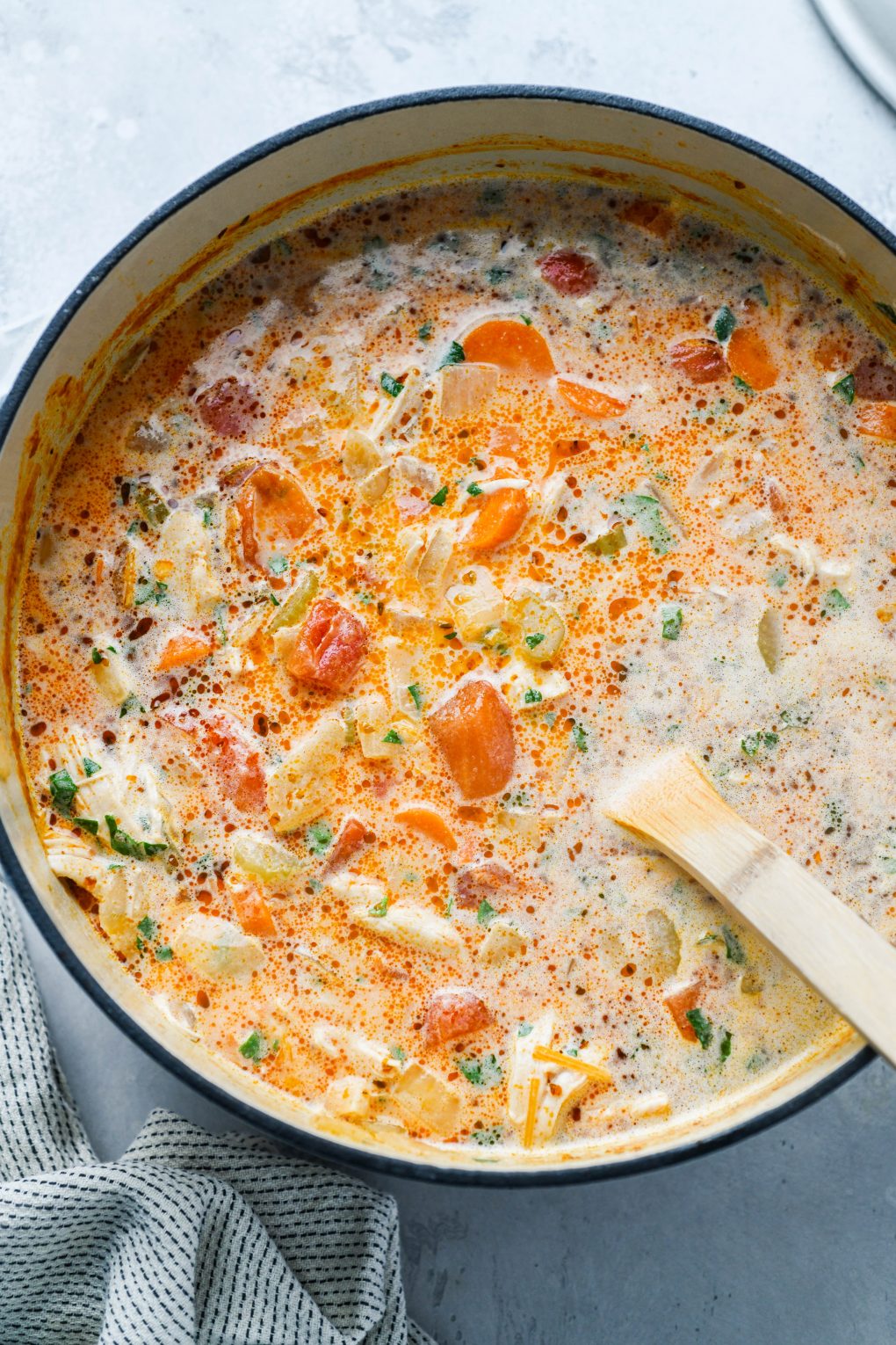 overhead view of soup in bowl