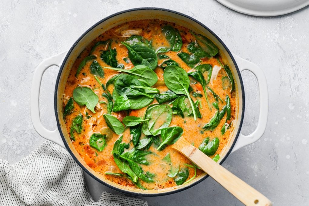 overhead view of soup in pot