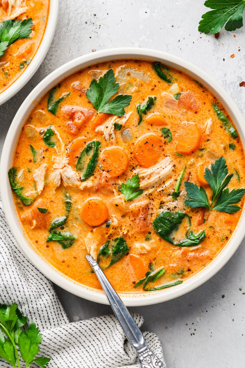 overhead view of soup in bowl