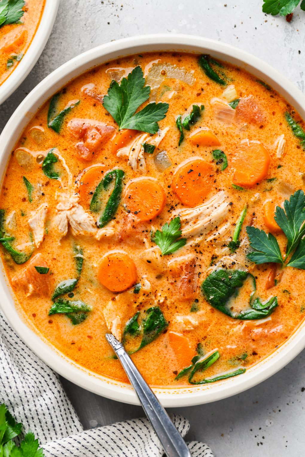 overhead view of soup in bowl