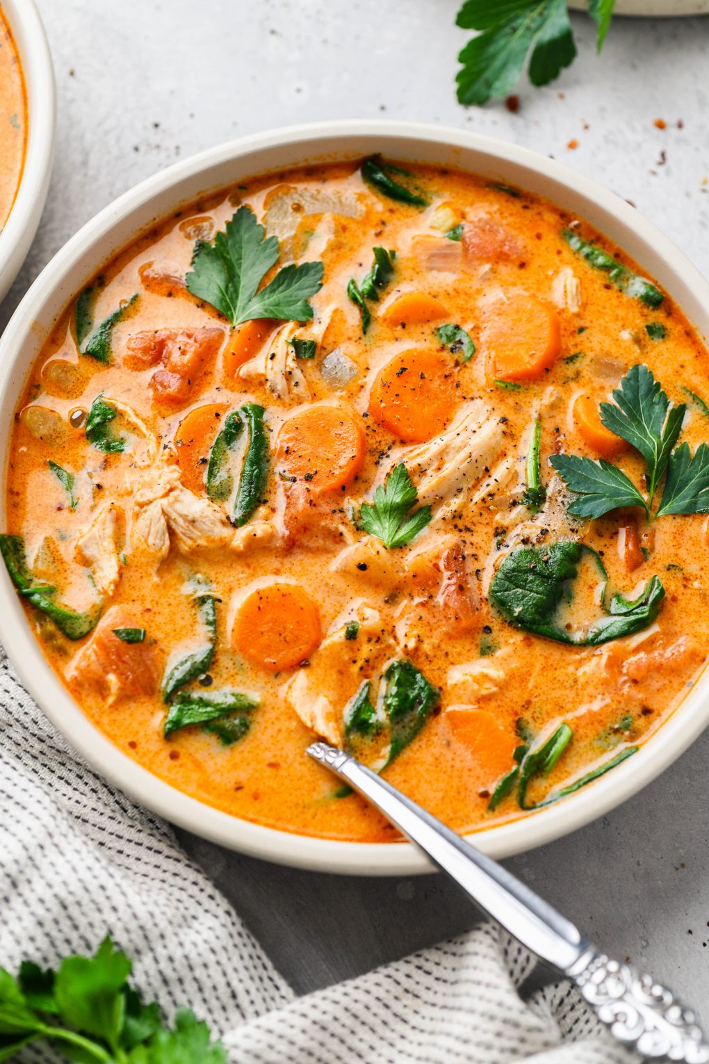 overhead view of soup in bowl