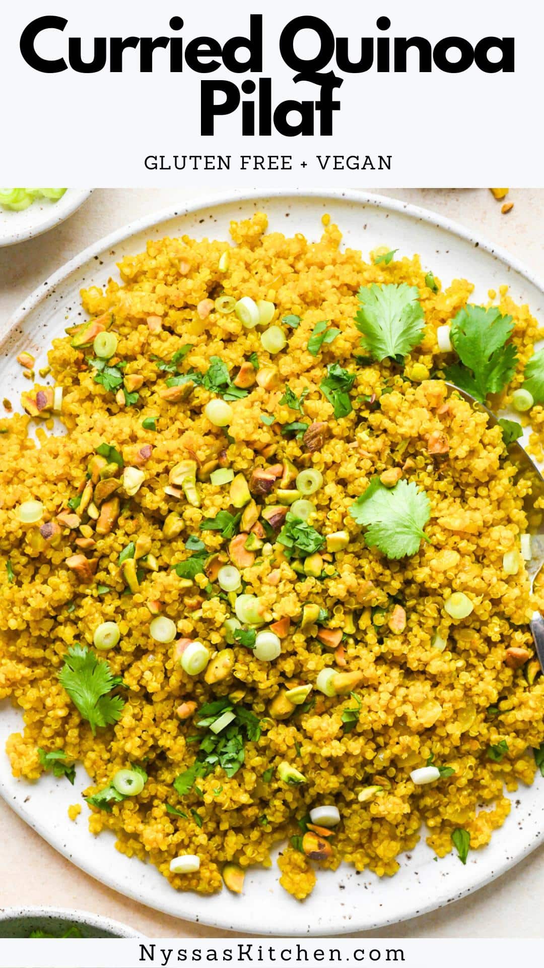A spiced, aromatic side dish – this curried quinoa pilaf is made with a few simple ingredients and topped with crunchy pistachios, fresh cilantro, and zippy green onions for a boost of flavor and texture that you’ll love! It is easy to make, gluten free, and vegan.