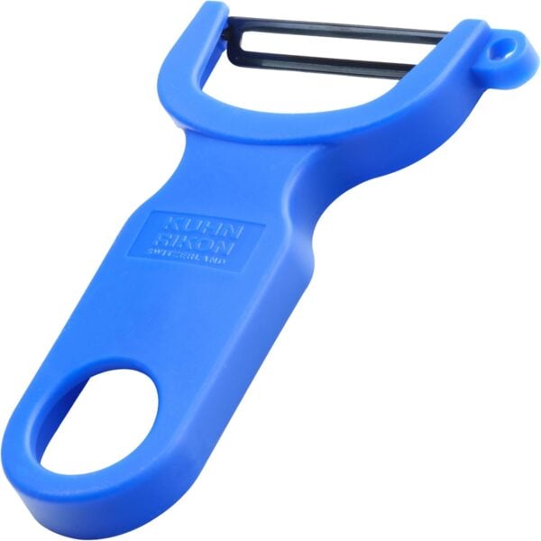 A blue vegetable peeler with a horizontal stainless steel blade and a wide handle featuring a large hole at the end for hanging.