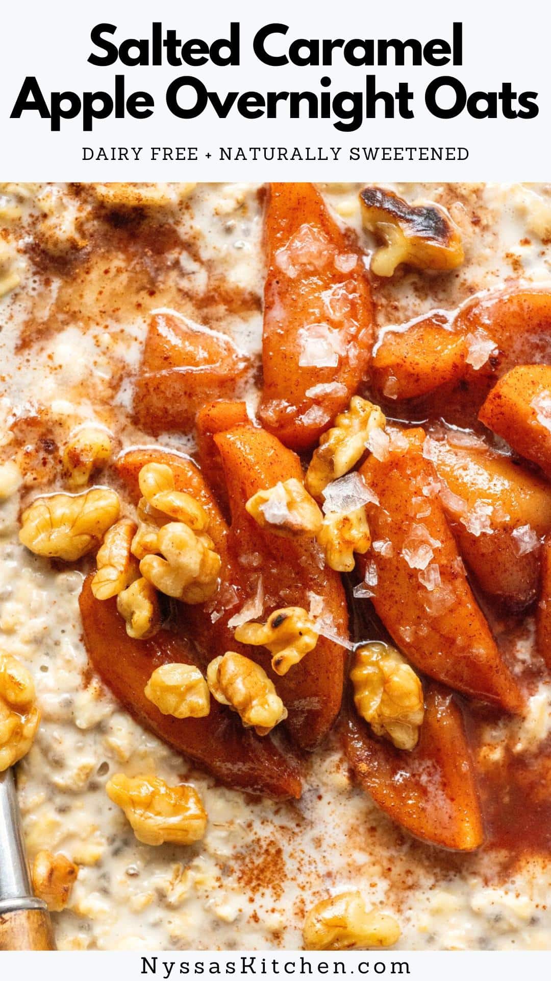 These salted caramel apple overnight oats are a delicious and healthy breakfast recipe that is dairy free, naturally sweetened, and gluten free! Made with mouthwatering baked cinnamon apples, gluten free oats, non dairy milk, cinnamon and vanilla. A breakfast so yummy you're sure to fall in love.