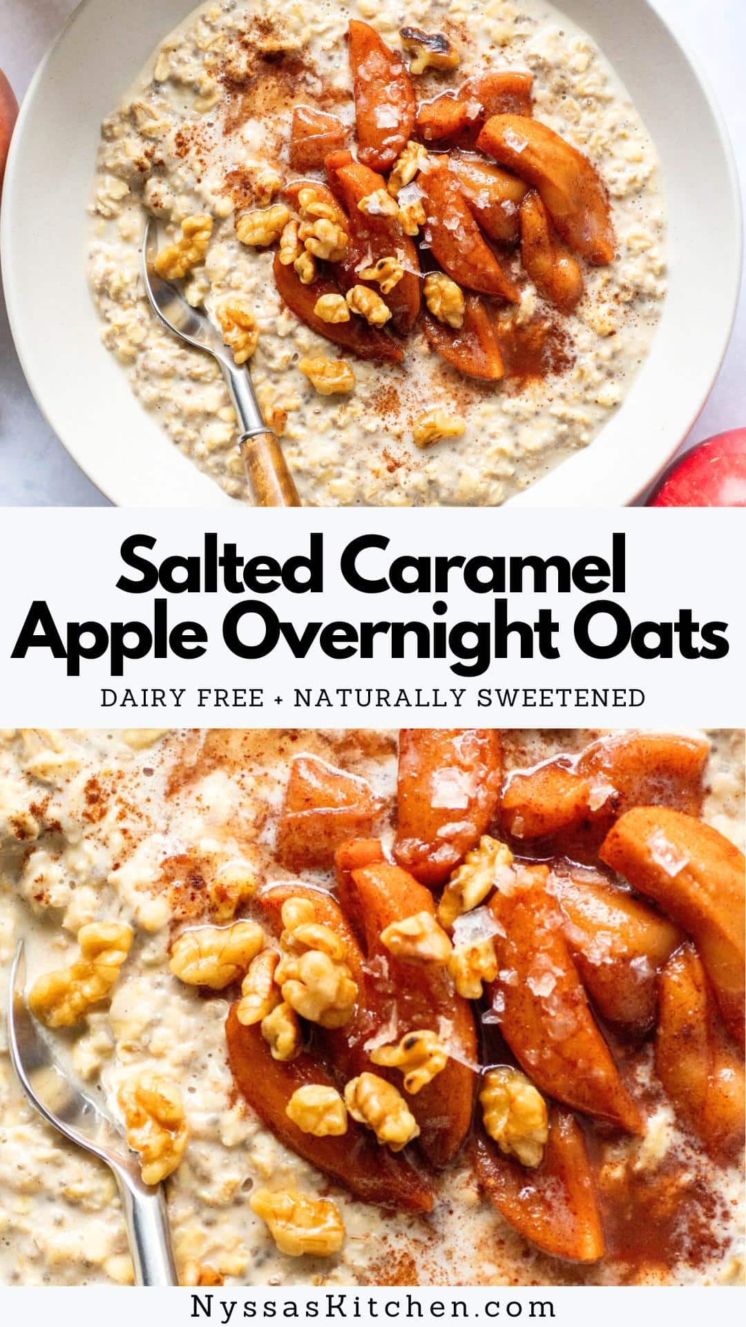 These salted caramel apple overnight oats are a delicious and healthy breakfast recipe that is dairy free, naturally sweetened, and gluten free! Made with mouthwatering baked cinnamon apples, gluten free oats, non dairy milk, cinnamon and vanilla. A breakfast so yummy you're sure to fall in love.