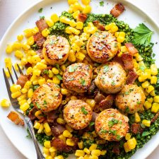 Perfectly Seared Scallops with Corn, Bacon, and Kale Pesto