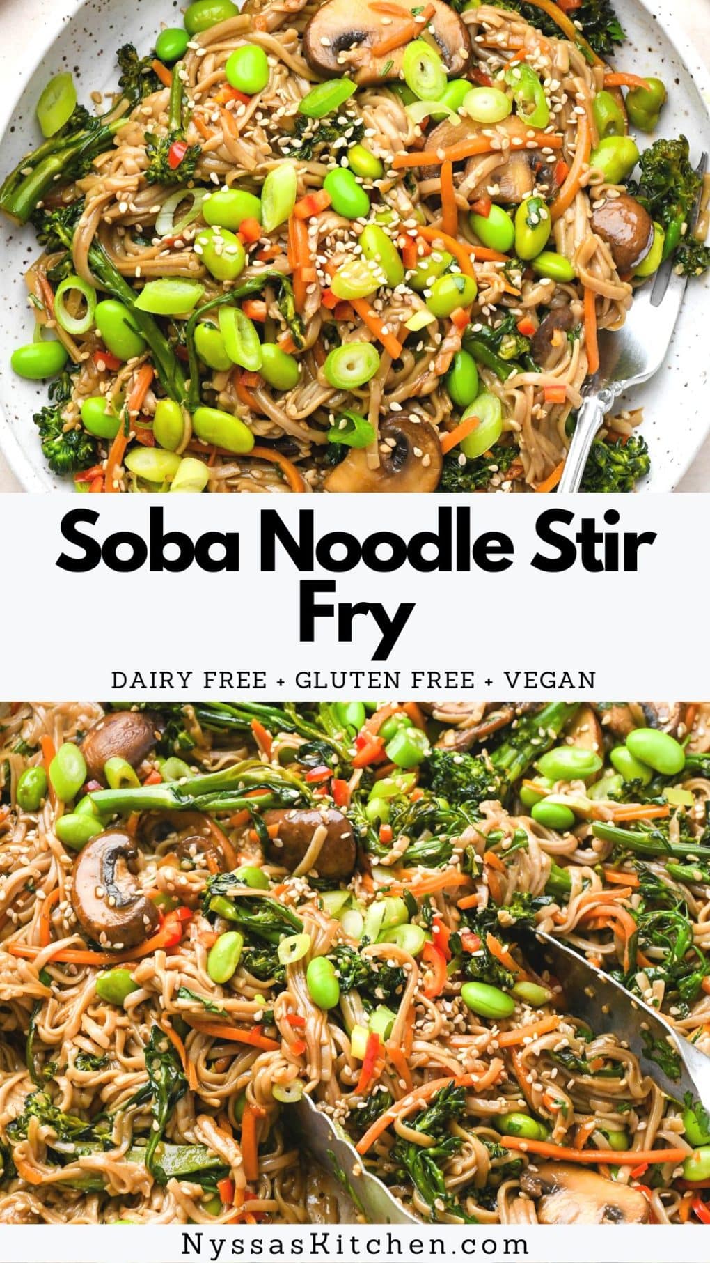 Pinterest pin for soba noodle stir fry.