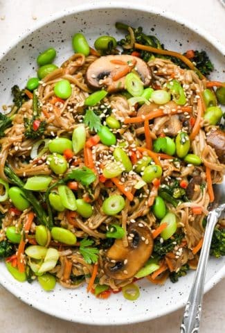 Soba noodle stir fry with lots of veggies in a small ceramic speckled bowl, topped with green onions, sesame seeds, and cilantro.