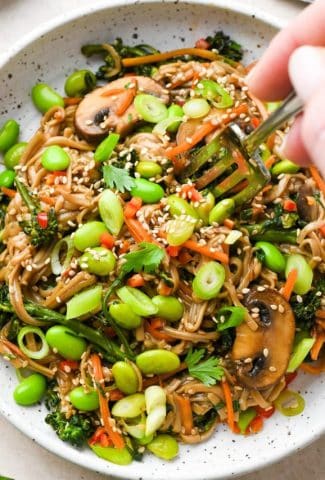 A fork digging into a bowl of soba noodle stir fry with lots of veggies in topped with green onions, sesame seeds, and cilantro.