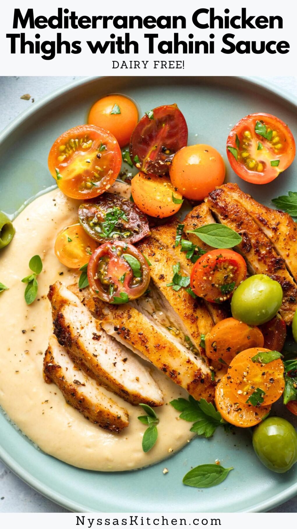 Pinterest pin for Mediterranean Chicken Thighs with Tahini Sauce