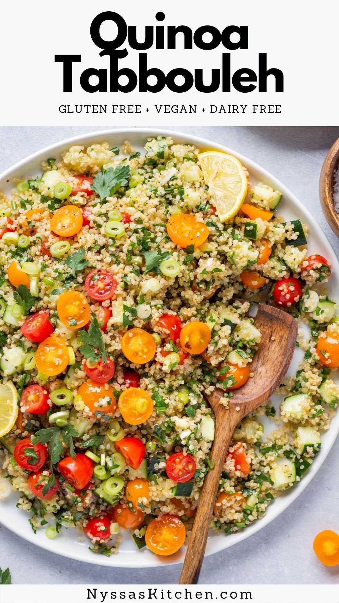 This quinoa tabbouleh salad is such a fresh and flavorful gluten free version of a classic tabbouleh recipe! Made with fluffy quinoa, sweet cherry tomatoes, crisp cucumber, green onions, aromatic parsley, and a bright and simple lemony dressing. Gluten free, vegan, dairy free, & so tasty!