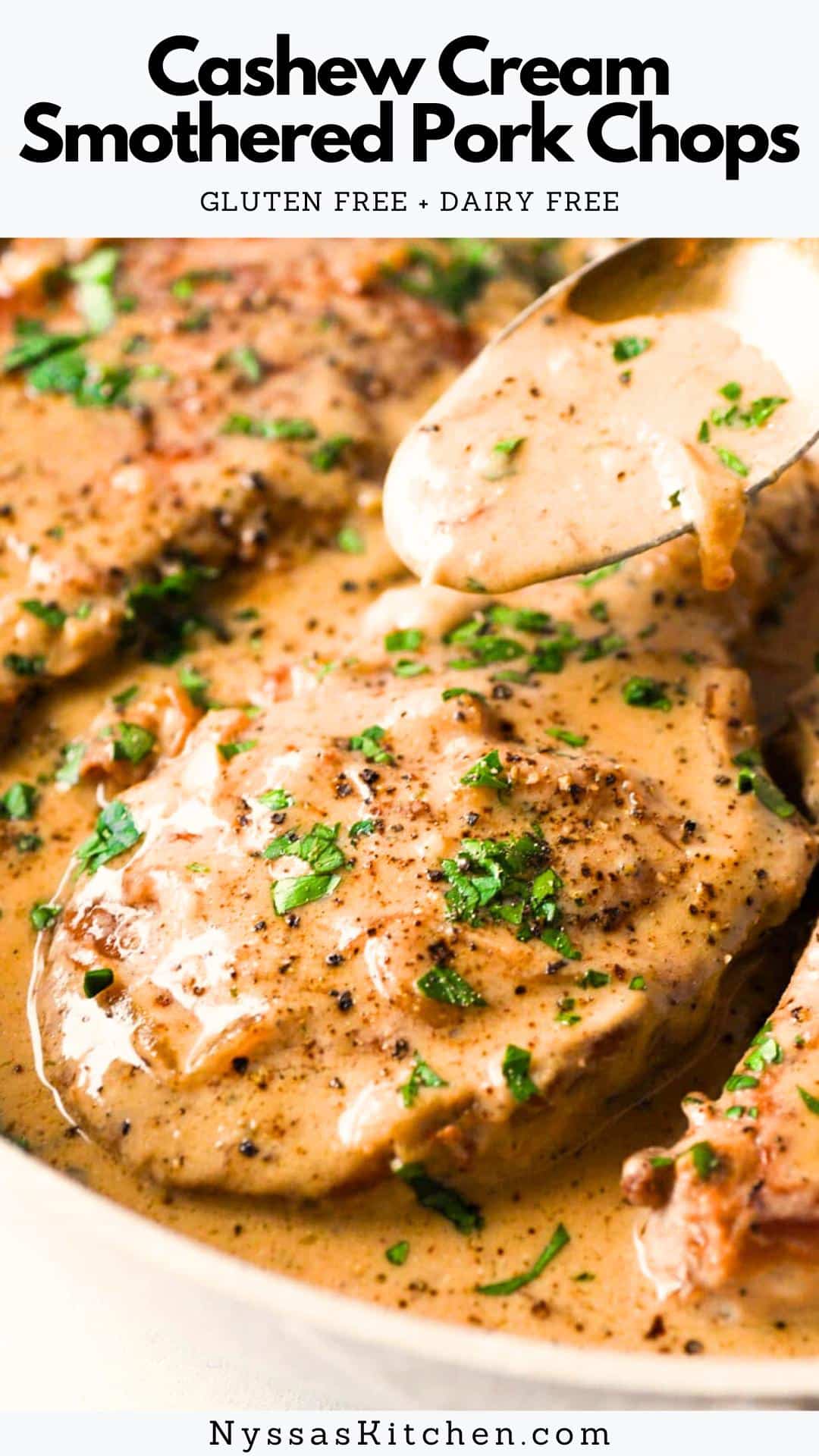 These smothered pork chops made with cashew cream instead of dairy are the perfect healthy comfort food! The sauce is made with sweet caramelized onions, flavorful herbs, and a smooth and luscious cashew cream that is 100% dairy free. An ideal cold weather dinner that will warm you up from the inside out. Recipe is gluten free, dairy free, whole30 compatible, and paleo friendly.