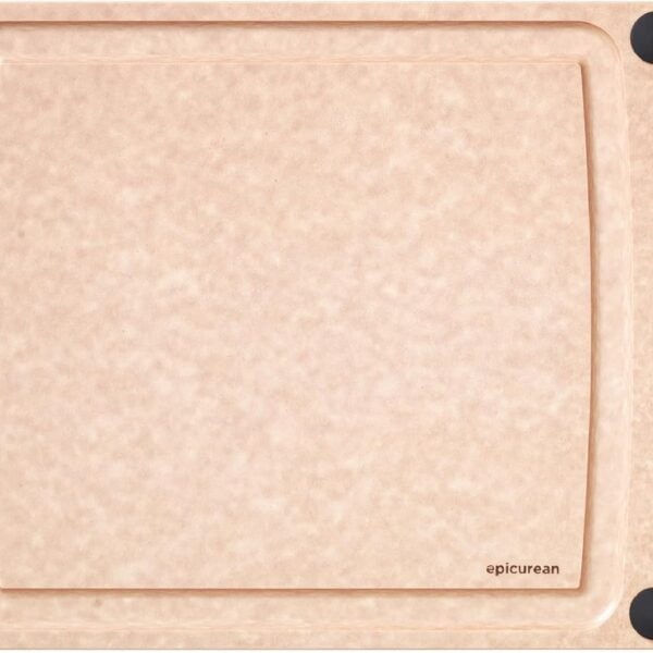 A rectangular, light brown cutting board with a smooth surface, four black non-slip corners, and a small hole on the left side. The brand name epicurean is printed in the lower right corner.