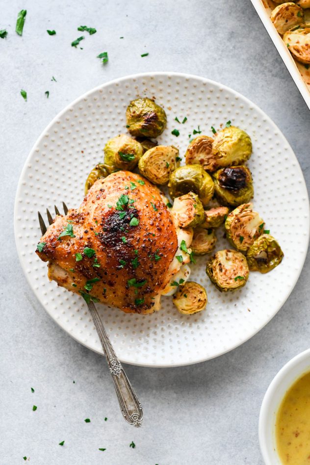 Oven Baked Honey Mustard Chicken Thighs and Brussels Sprouts {gluten ...