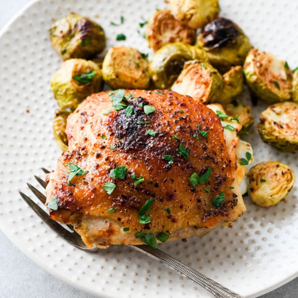 Oven Baked Honey Mustard Chicken Thighs and Brussels Sprouts {gluten